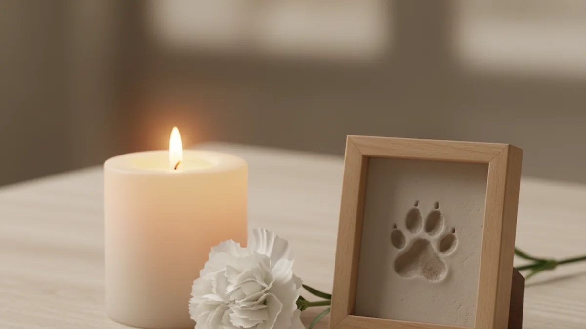 A quiet remembrance arrangement: a lit candle, a white flower and a framed paw print.