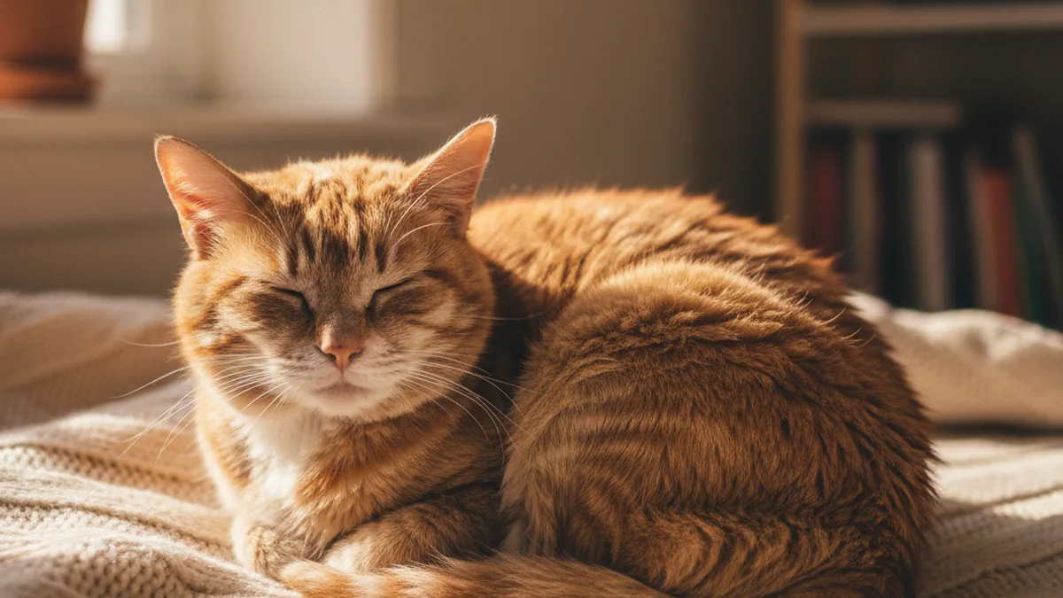 A senior cat sleeps peacefully curled up on a soft blanket in warm light.