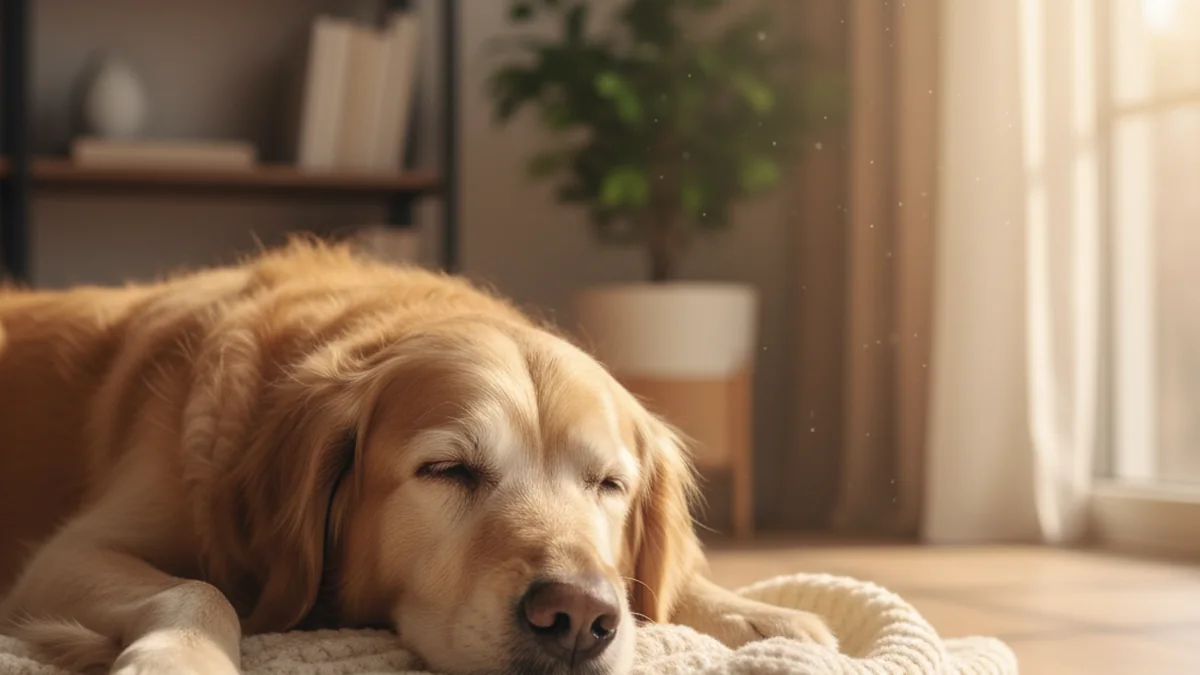 An older dog rests peacefully on a soft blanket in warm afternoon light.