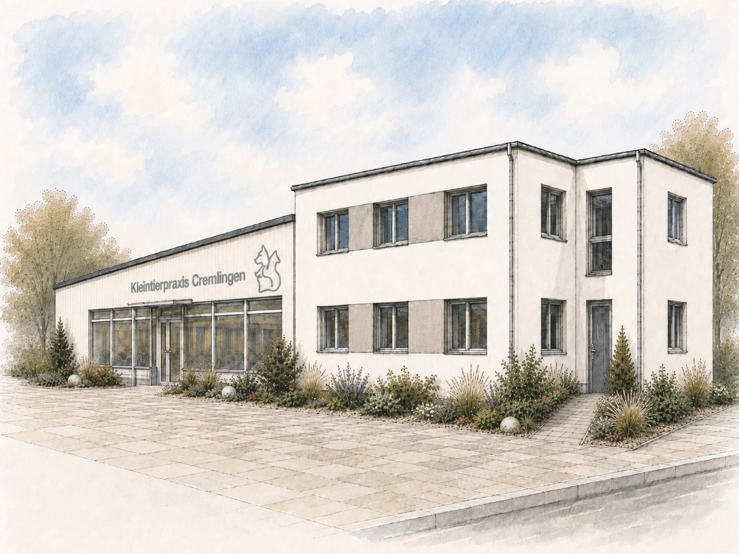 Architektonische Planungsansicht des geplanten Anbaus der Kleintierpraxis Cremlingen, zweigeschossig neben dem bestehenden Gebäude.