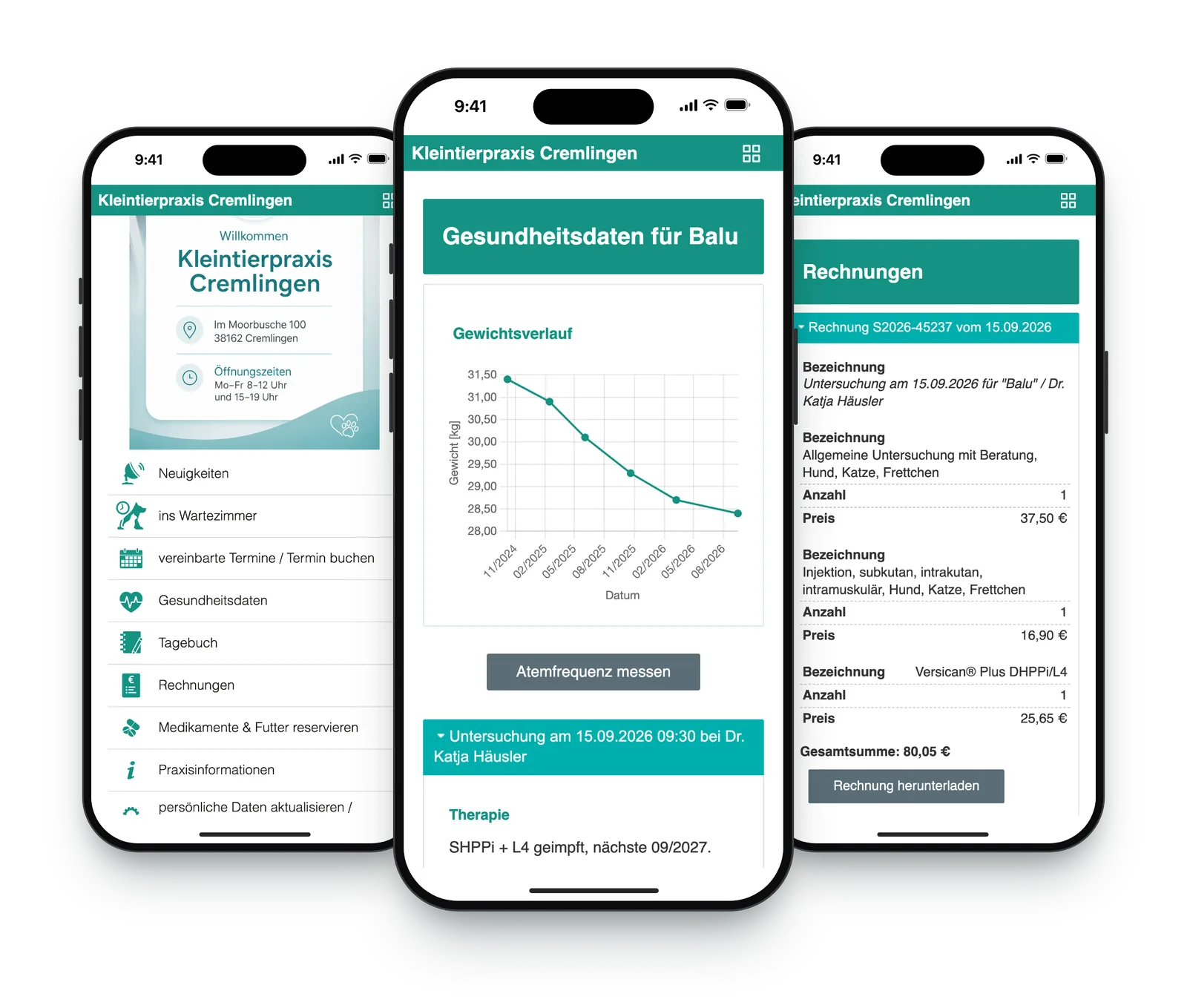 MeineTiere app on three smartphones: overview of all functions, health data with weight chart, and invoices