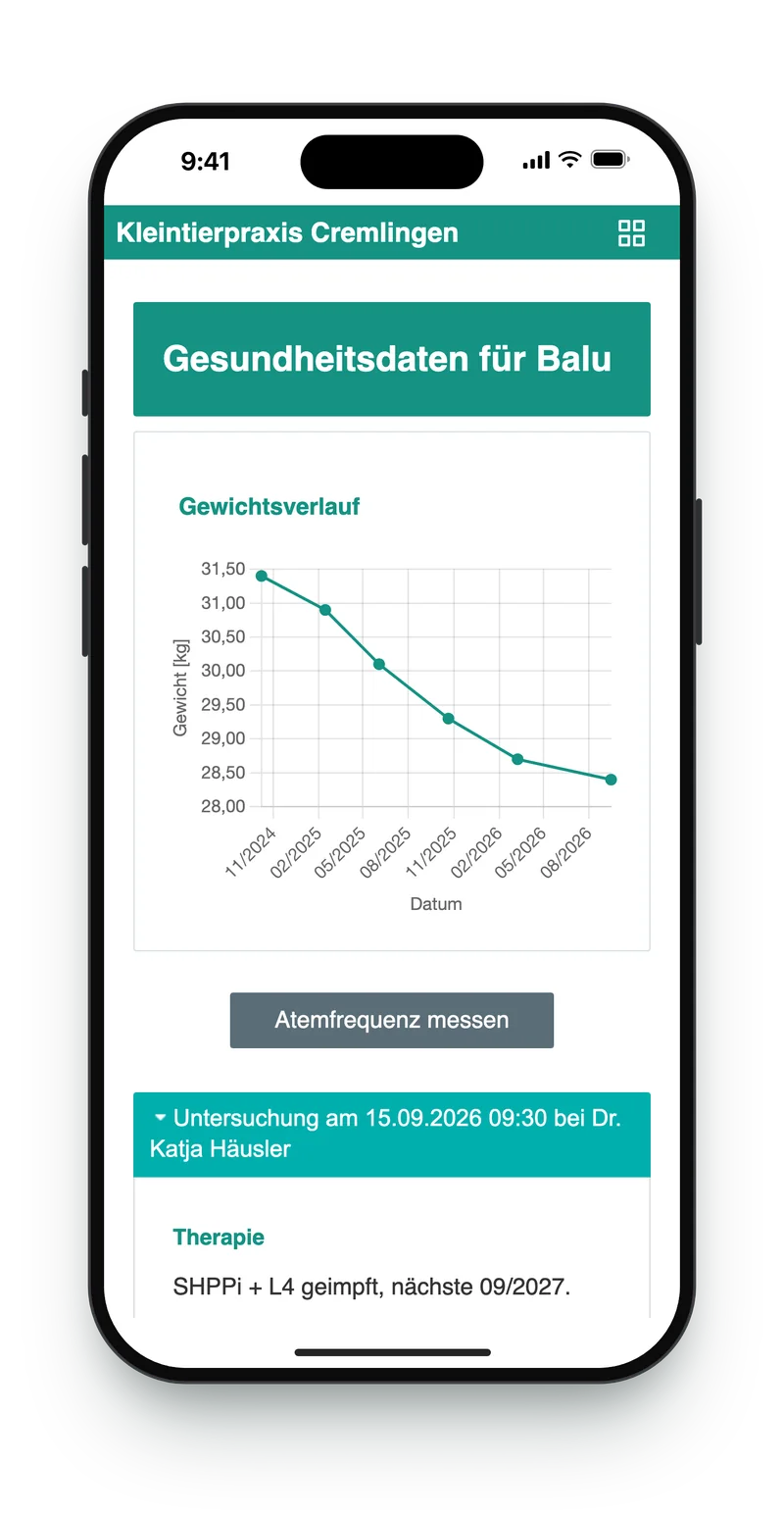 MeineTiere app: health data with weight chart and the latest visit (sample data)