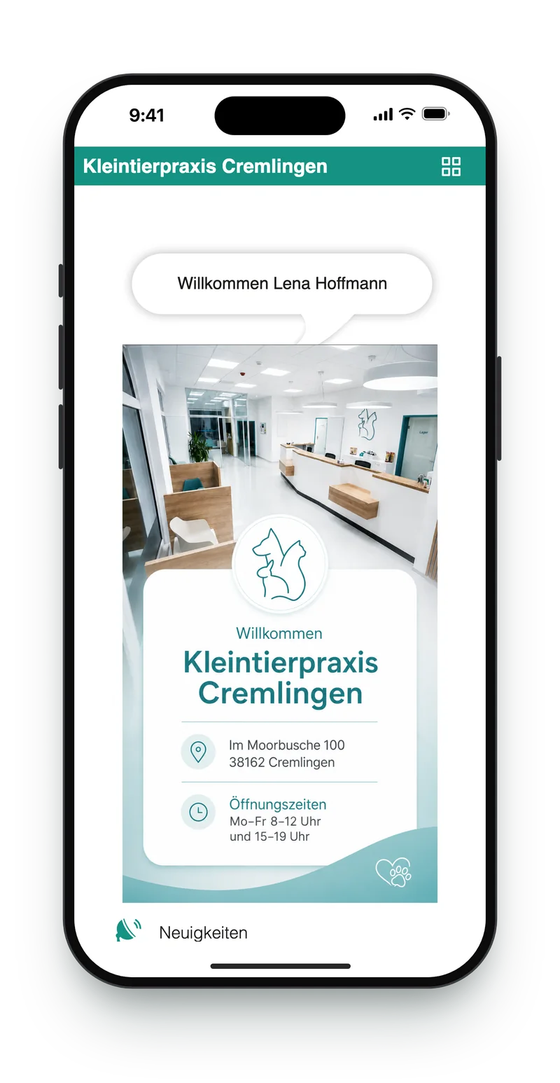 MeineTiere app: personal welcome with the practice's address and opening hours (sample data)