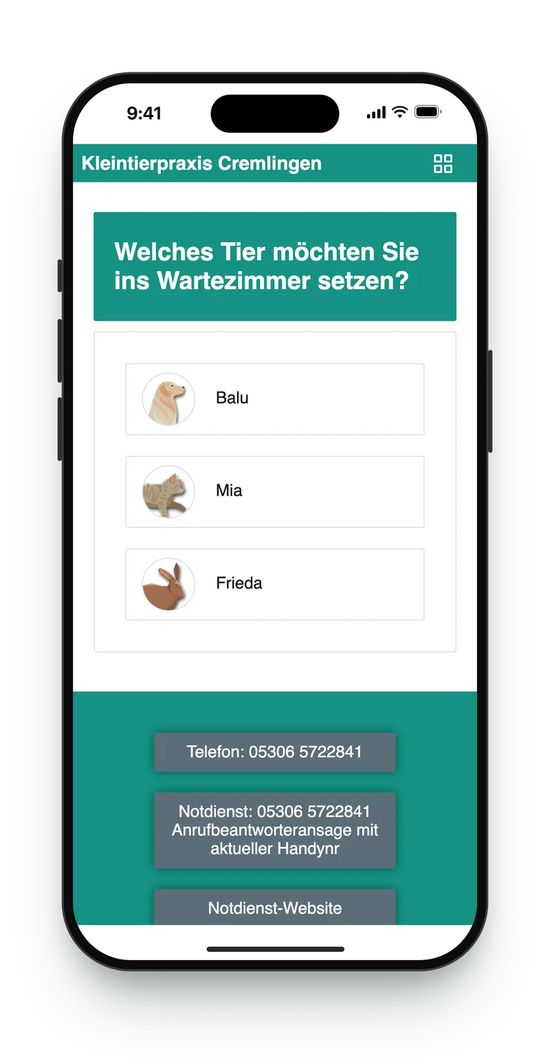 MeineTiere app: choosing the pet for the waiting-room check-in (sample data)
