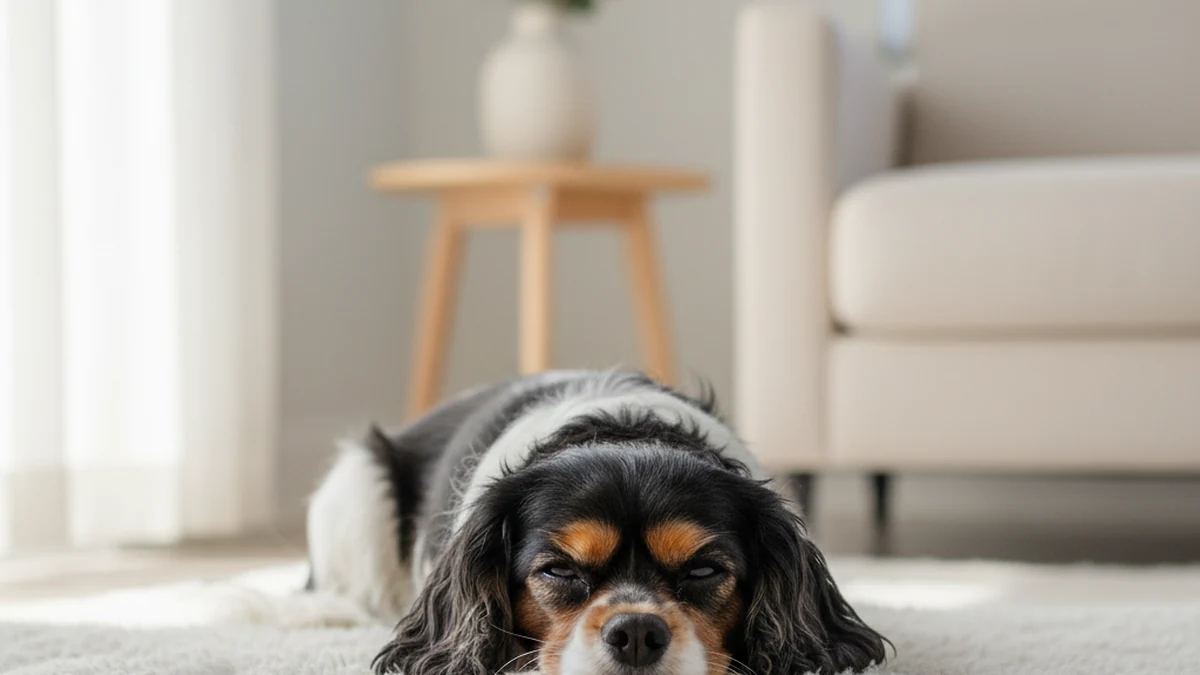 A calm Cavalier King Charles Spaniel lying down — small breeds are often affected by mitral valve disease.