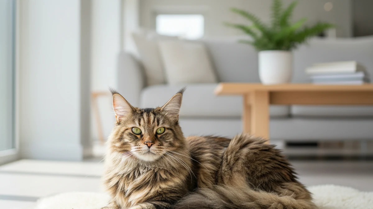A calm Maine Coon cat lying down — hypertrophic cardiomyopathy (HCM) occurs more frequently in this breed.