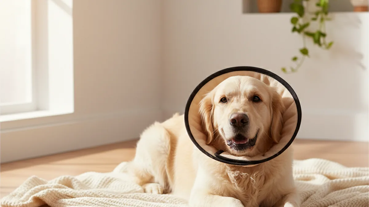 Hund mit weichem Halskragen ruht nach dem Aufwachen — behutsam überwacht bis zur Entlassung.