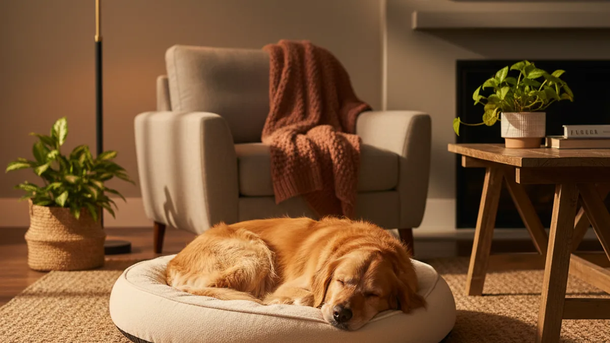 Hund erholt sich ruhig auf einem Hundebett am Boden in einem abgedunkelten Raum — die ersten 24 Stunden nach der OP.
