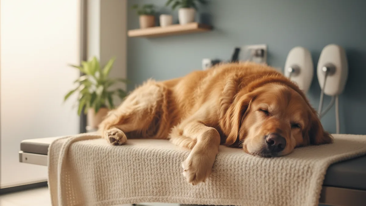 Ruhig schlafender Hund auf einer weichen Decke — während der Narkose wird das Tier durchgehend überwacht.