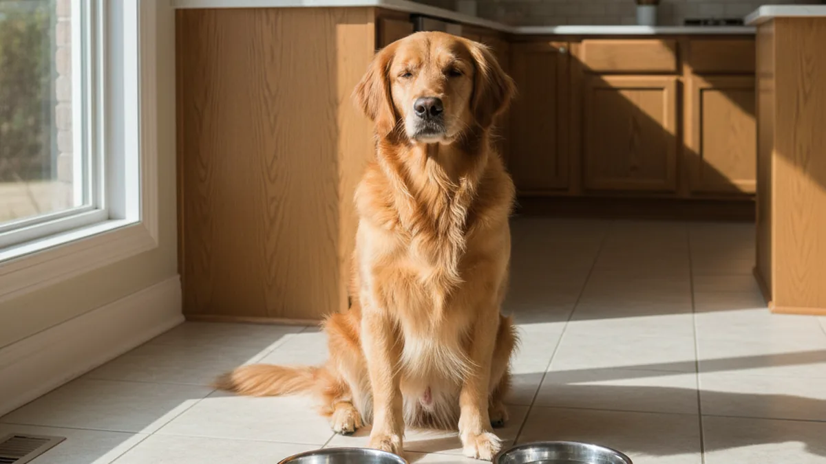 Hund neben leerem Futternapf und gefülltem Wassernapf — nüchtern vor der Narkose, Trinken bleibt erlaubt.